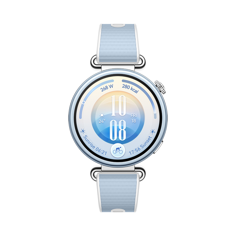 Un reloj inteligente azul claro con correa de tela muestra la hora, la temperatura y datos de fitness.