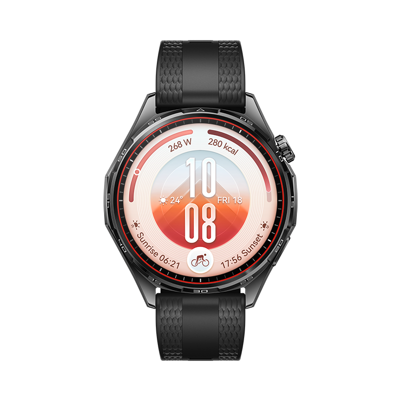 Reloj inteligente negro con esfera naranja y blanca que muestra hora, clima y datos de fitness.
