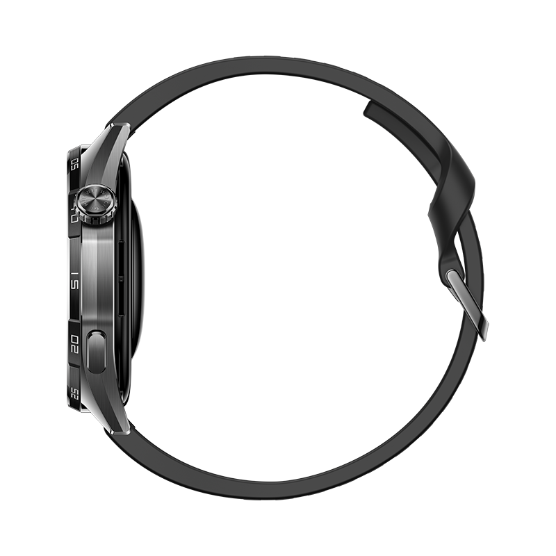Un reloj inteligente negro con caja de metal y correa de silicona negra sobre fondo oscuro.