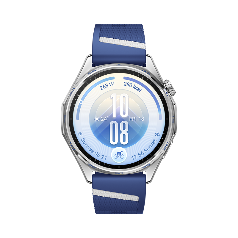 Reloj inteligente plateado con correa azul y pantalla digital que muestra hora, clima y datos de fitness.