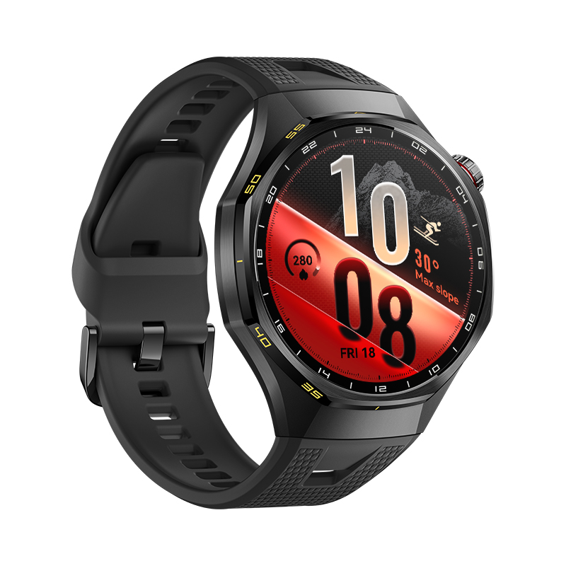 Un reloj inteligente deportivo negro con una esfera digital sobre fondo blanco.