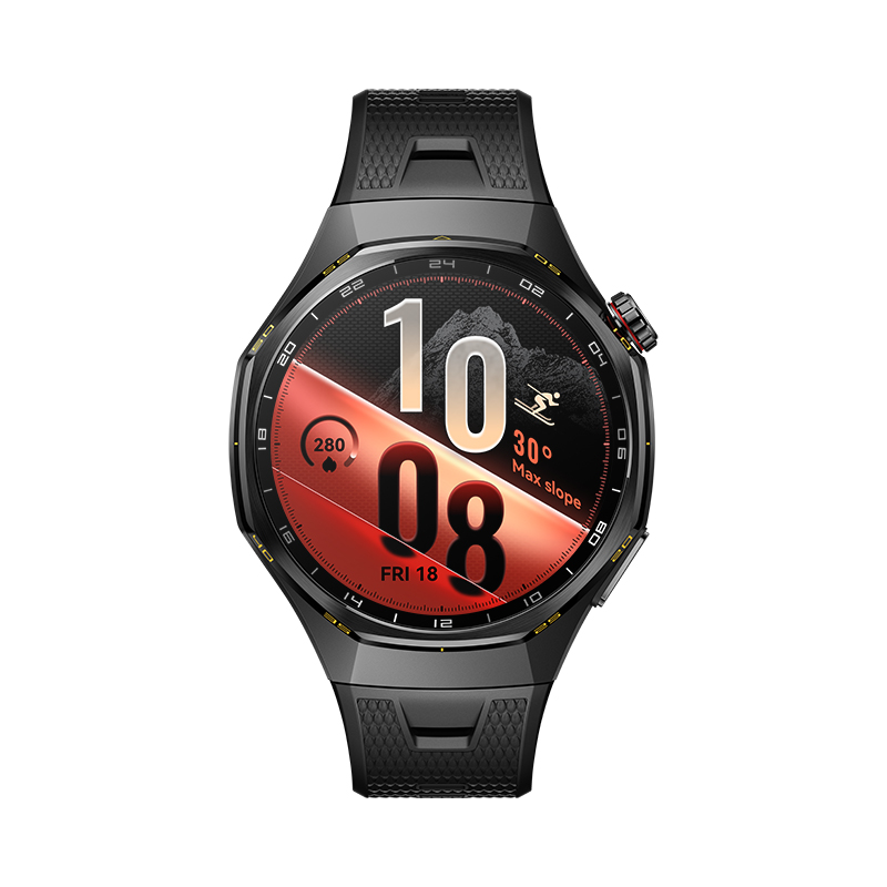 Reloj inteligente negro con correa texturizada muestra hora, fecha y estadísticas de esquí en pantalla.