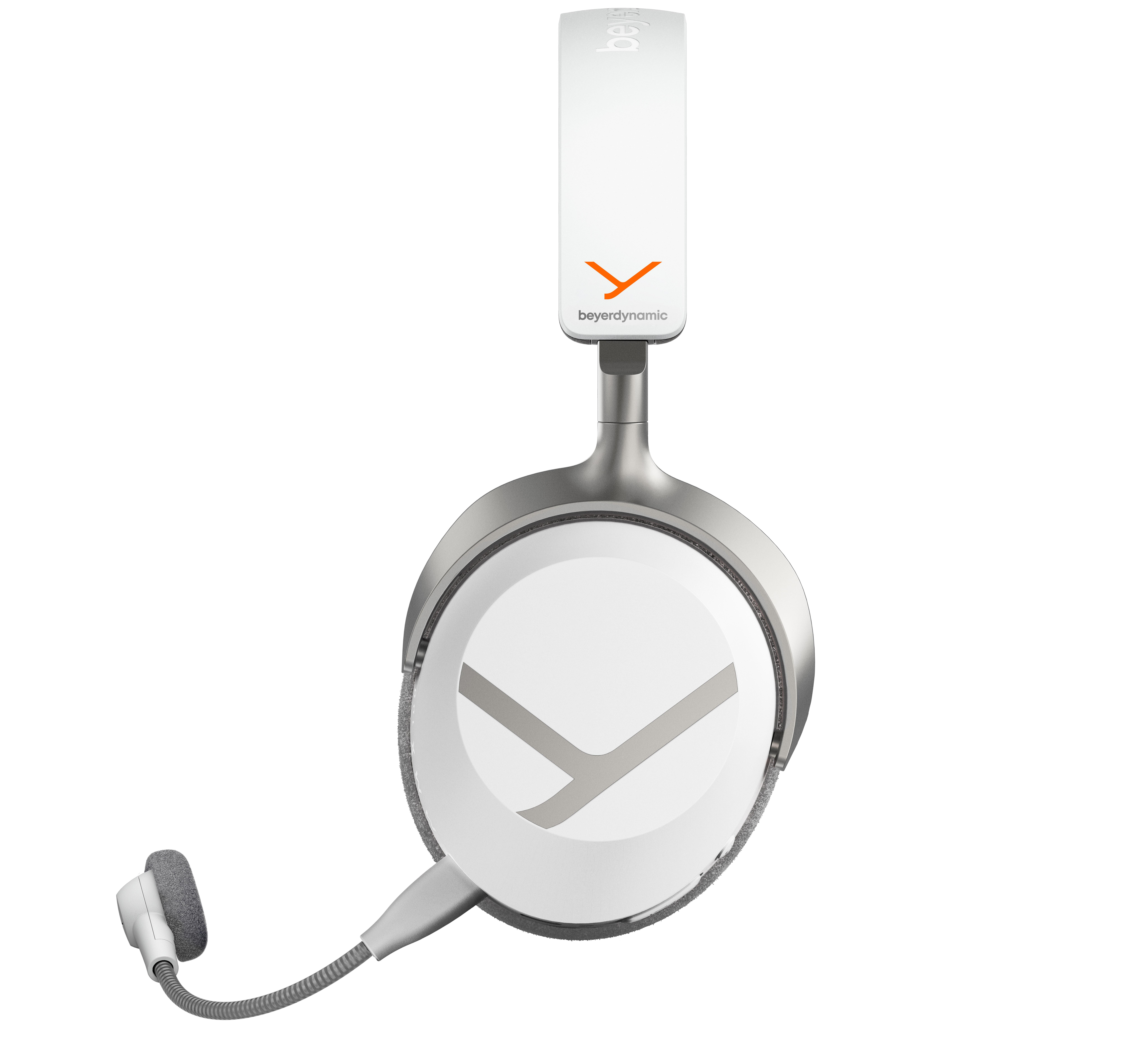 Weiße Over-Ear-Kopfhörer mit angebautem Mikrofon und orangefarbenem Logo auf dem Kopfbügel vor weißem Hintergrund.