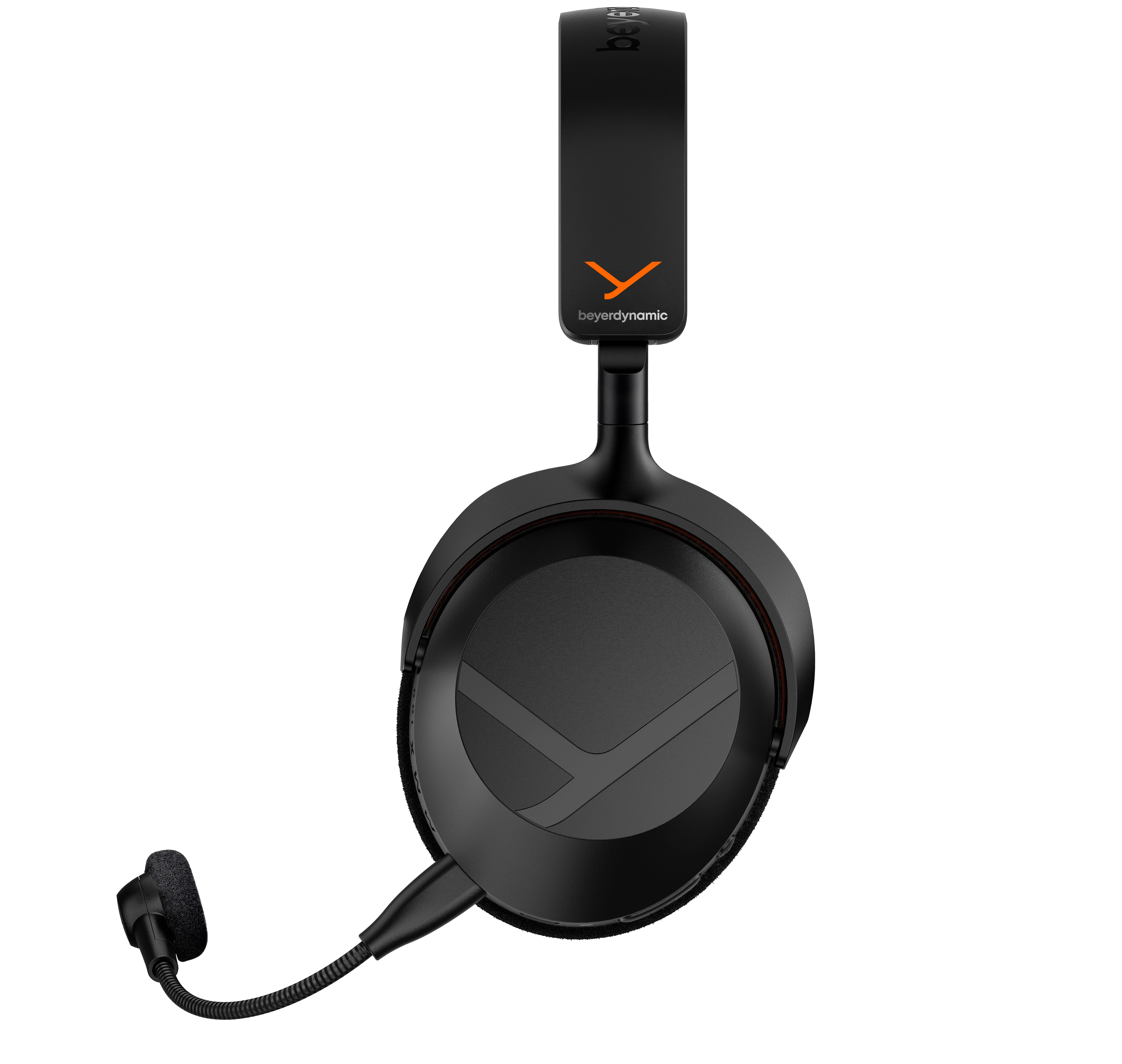 Schwarzes Beyerdynamic-Gaming-Headset mit orangefarbenem Logo und Mikrofon auf weißem Hintergrund.