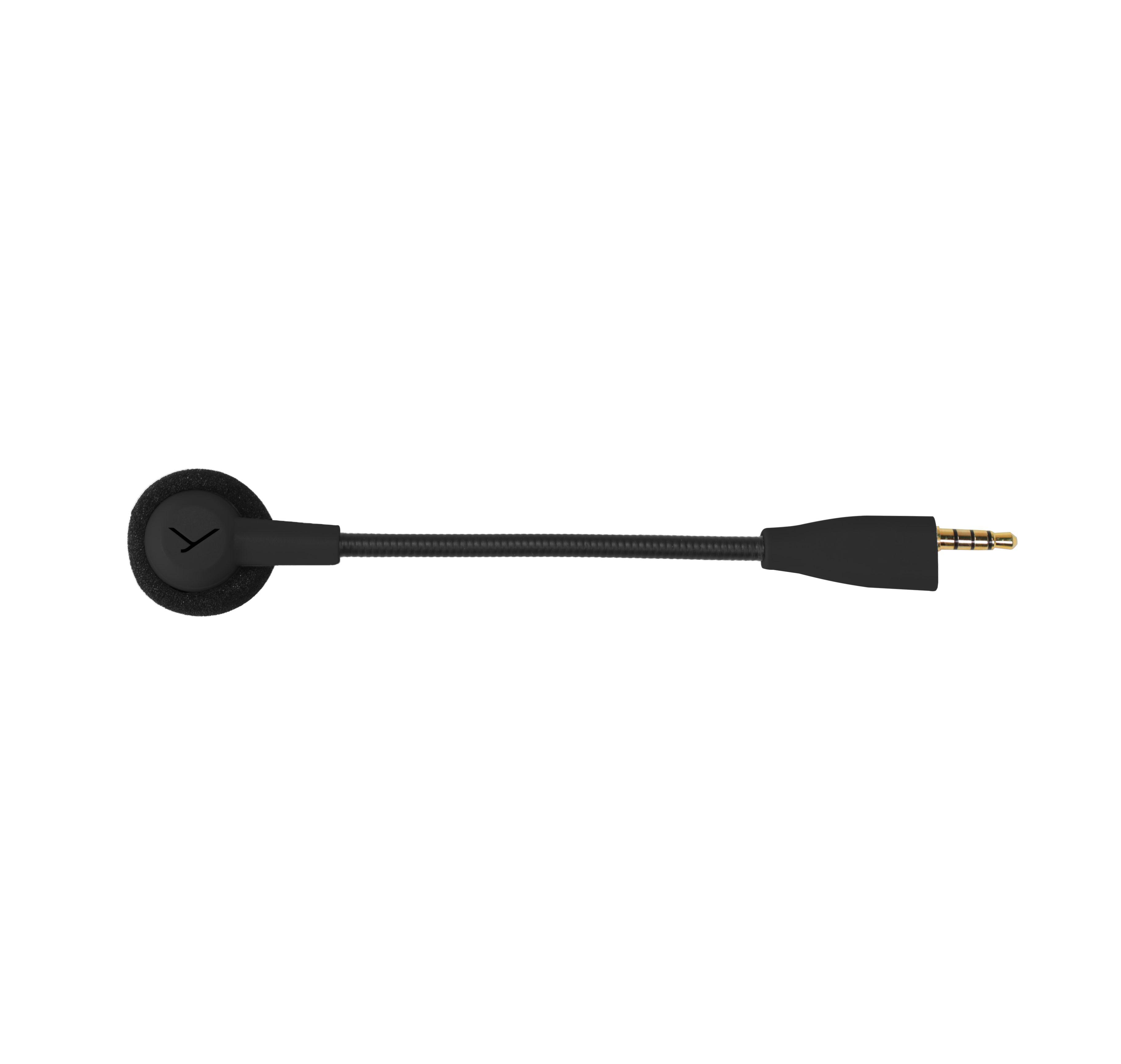 Ein schwarzes Mini-Mikrofon mit flexiblem Hals und 3,5-mm-Klinkenstecker auf weißem Hintergrund.