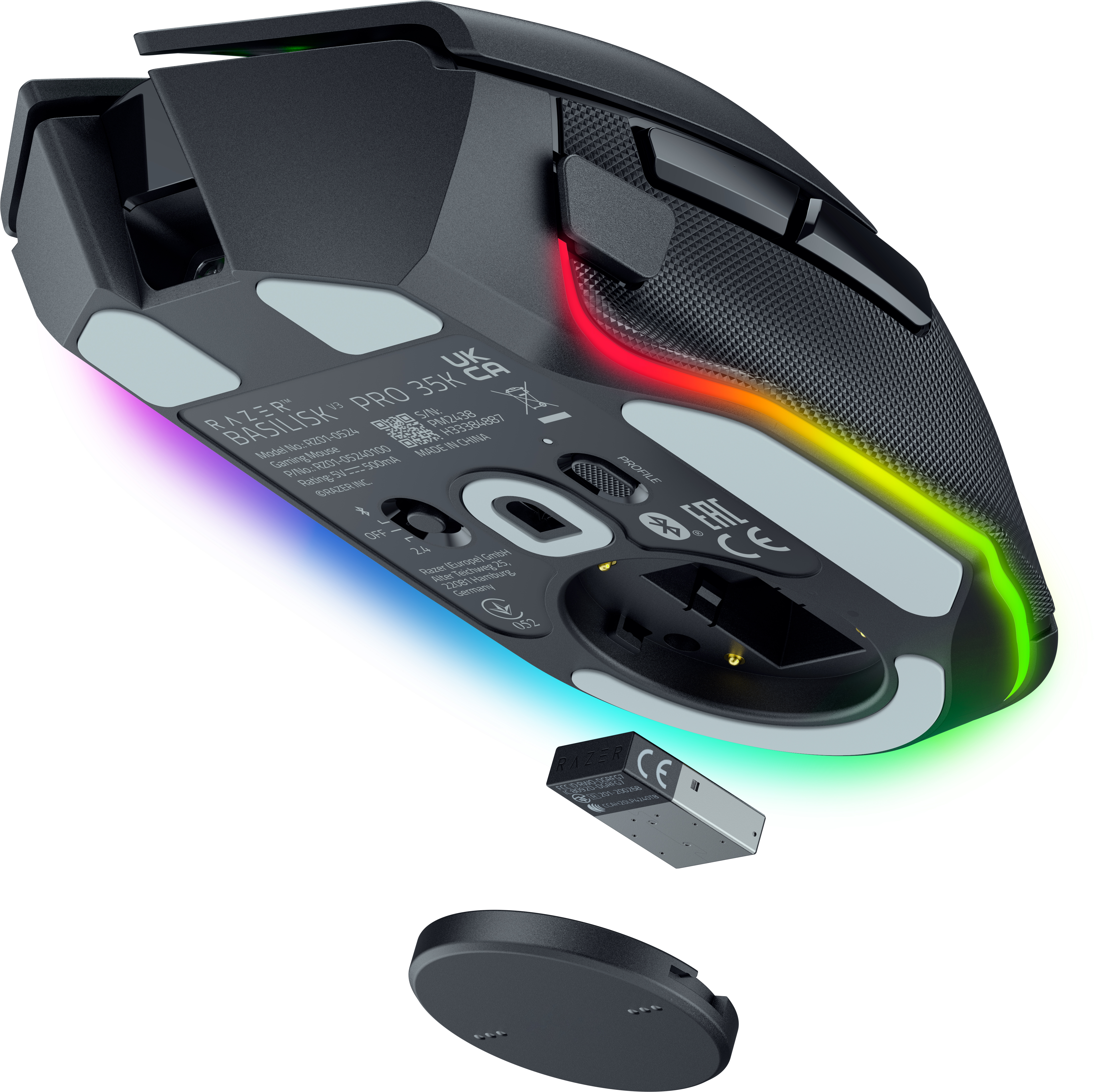 Çıkarılabilir kapaklı ve USB alıcılı Razer Basilisk V3 Pro 35K oyuncu faresinin alt kısmı.