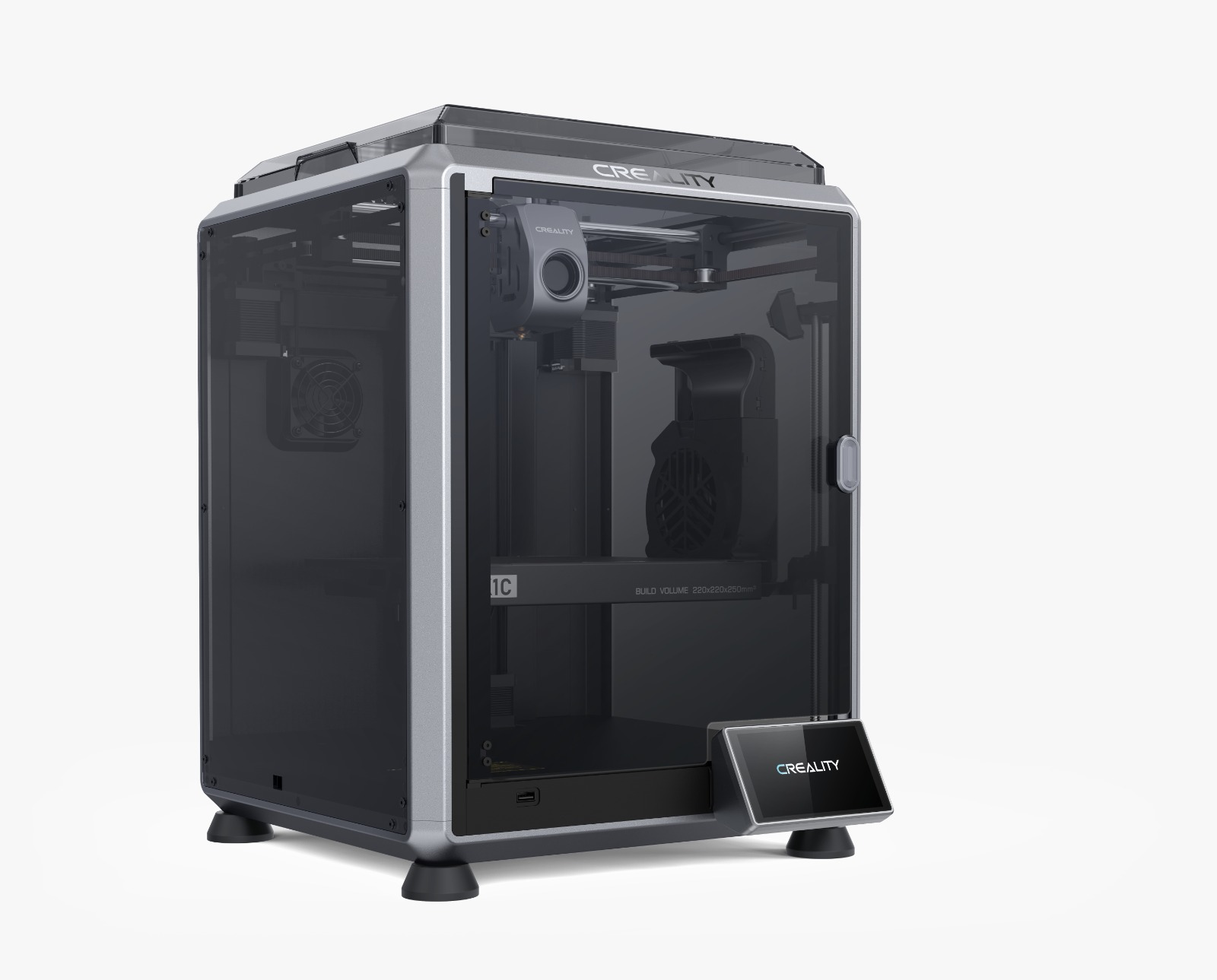 Gümüş ve siyah kapalı gövdeli ve cam kapılı modern Creality 3D yazıcı.