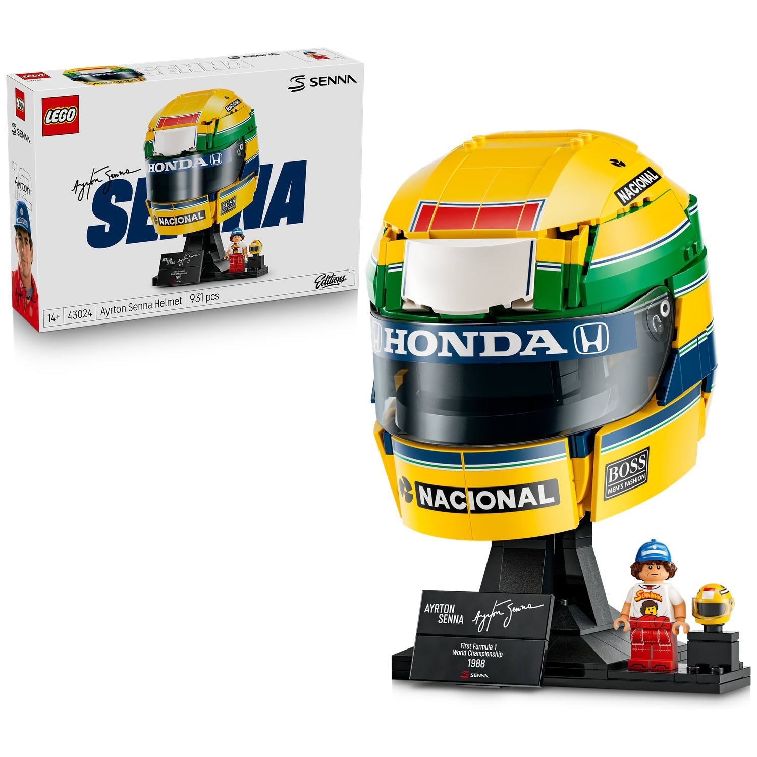 Lego replica of Ayrton Senna's yellow, green, and blue helmet with stand, minifigure, and box.