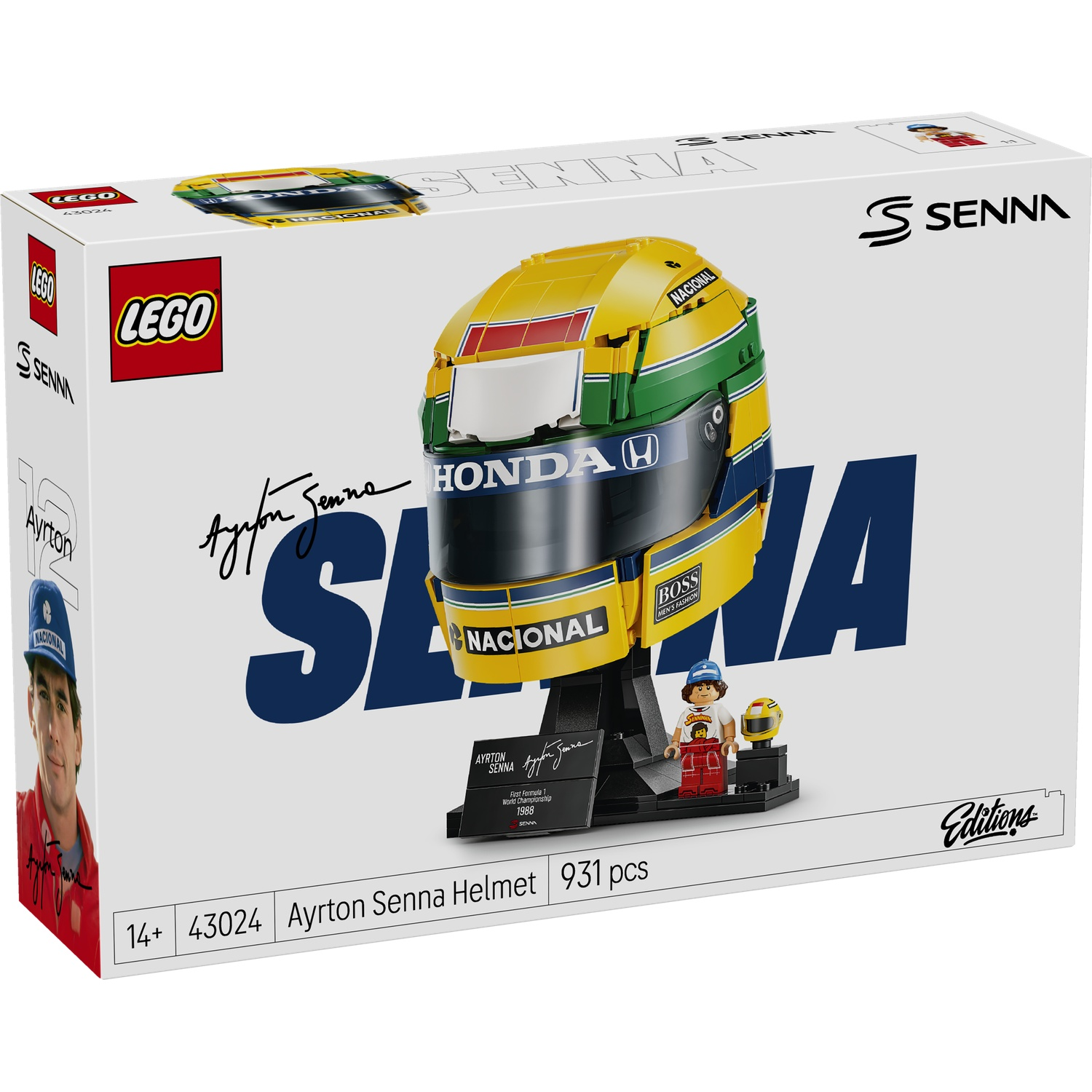LEGO Ayrton Senna helmet set box featuring a yellow racing helmet and minifigure.