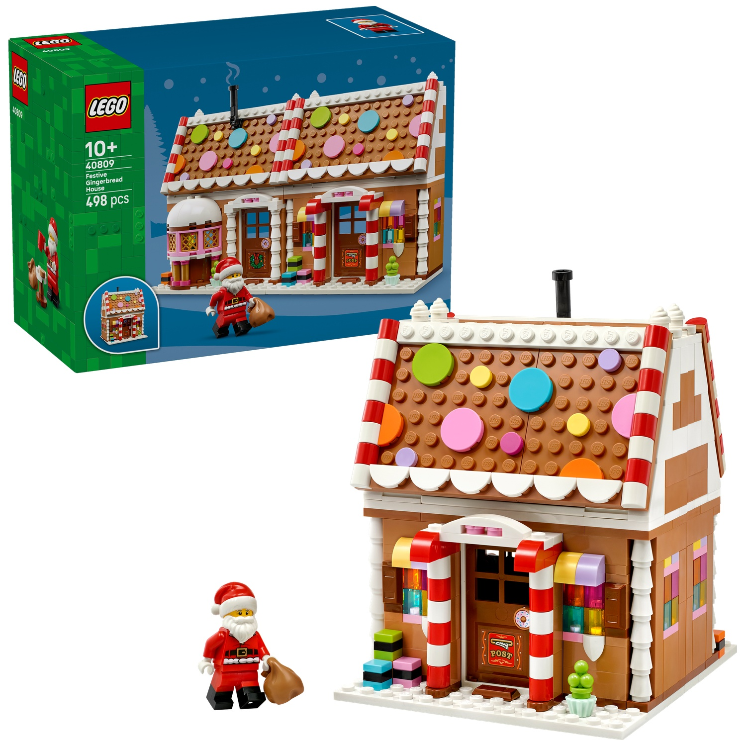 Lego-set van het feestelijke Peperkoekhuisje met Kerstman-minifiguur en doos.