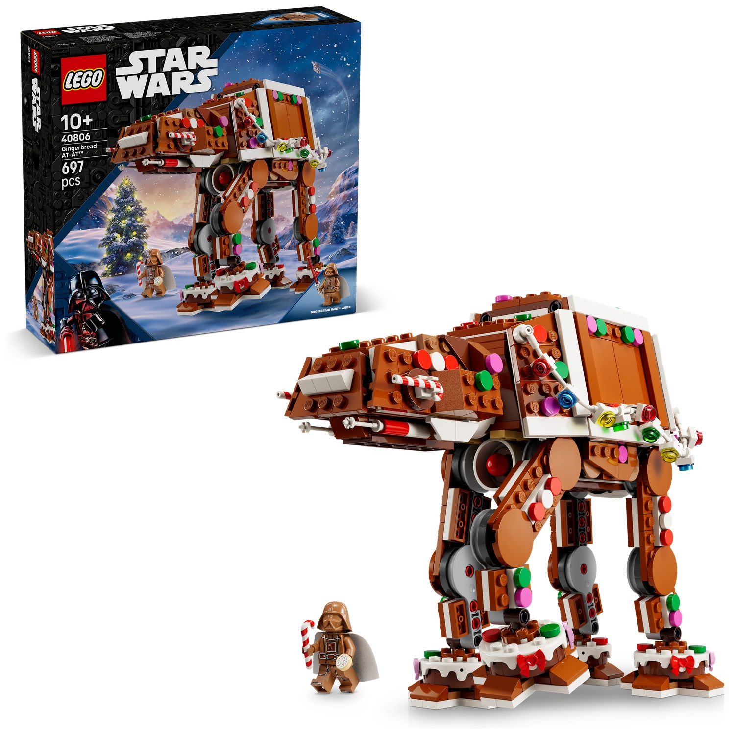Lego Star Wars set 40806 met een peperkoeken AT-AT en Darth Vader minifiguur naast de verpakking.
