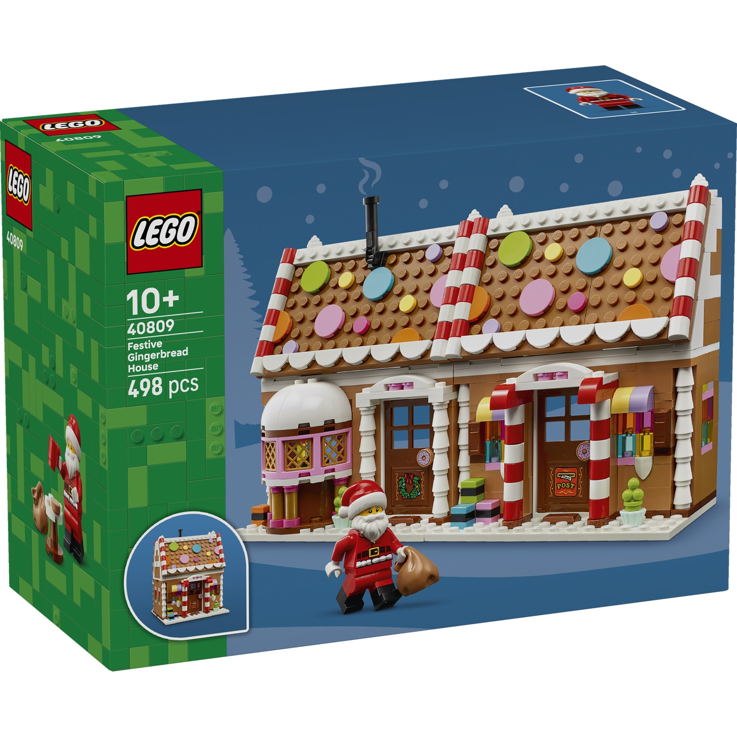 Doos van de Lego feestelijke peperkoekhuis set met een gebouwd huis en een Kerstman minifiguur.