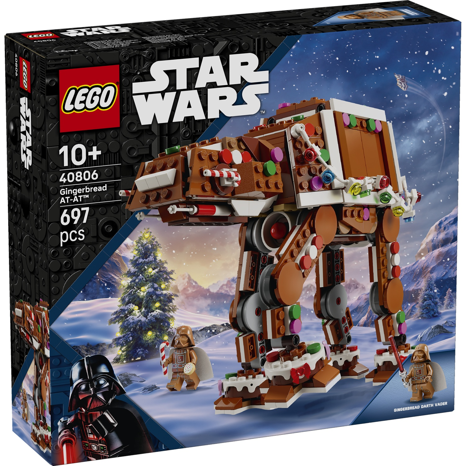 Lego Star Wars Peperkoek AT-AT doos met besneeuwd winterlandschap en kerstfiguren.