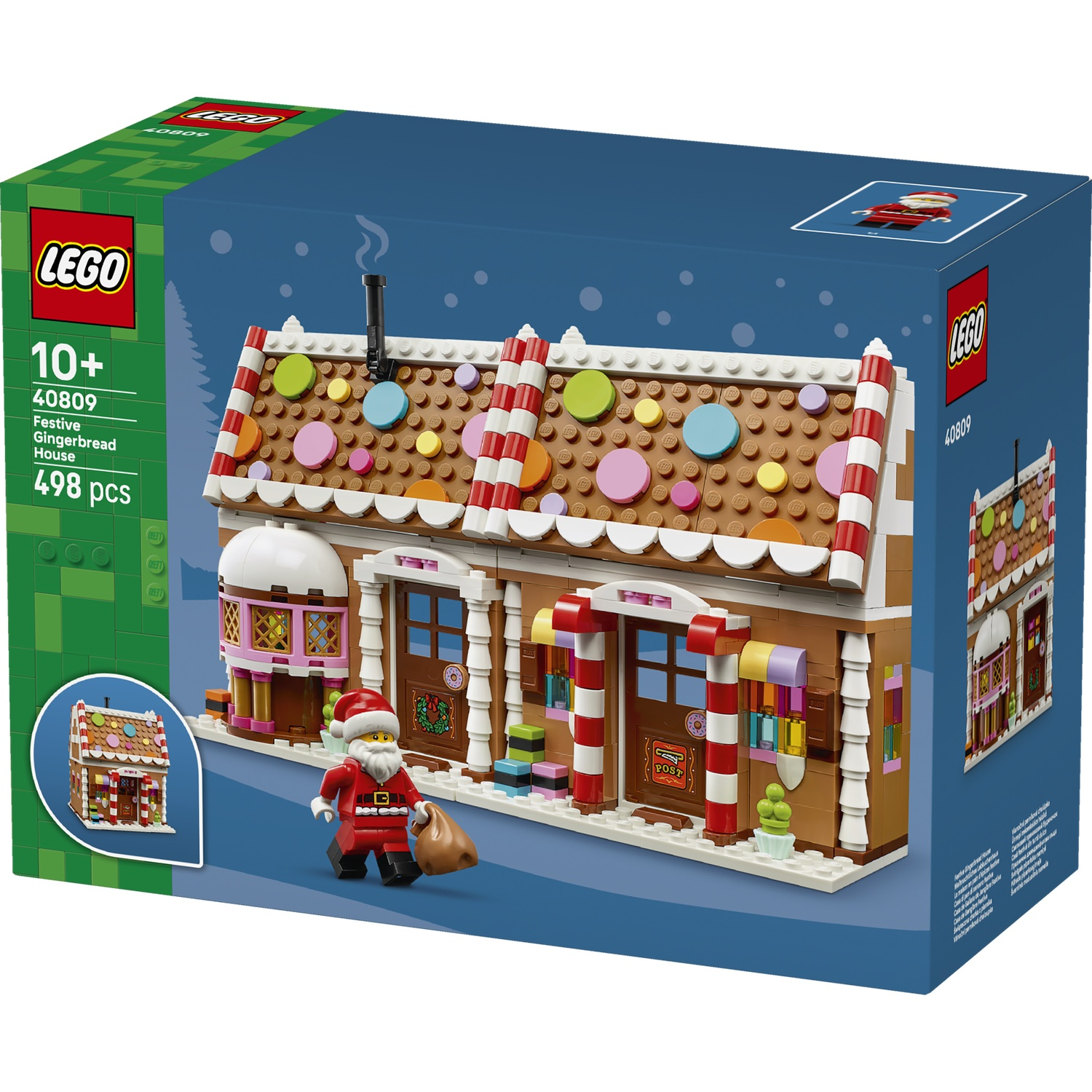 LEGO Feestelijk Peperkoekhuis setdoos met een Kerstman minifiguur ervoor.