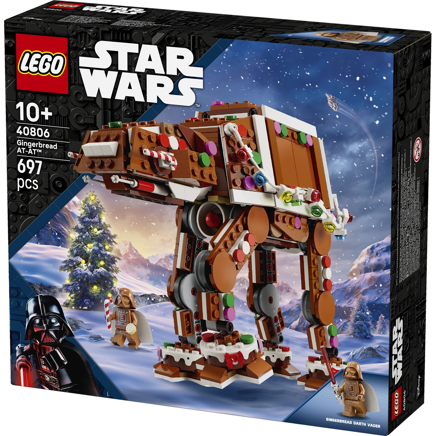 LEGO Star Wars Peperkoek AT-AT set in een besneeuwd landschap met Darth Vader minifiguur.
