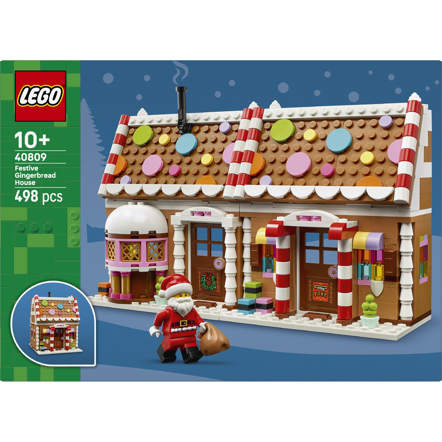 Lego Feestelijk Peperkoekhuis set met kerstman, kleurrijke dakpannen en details.