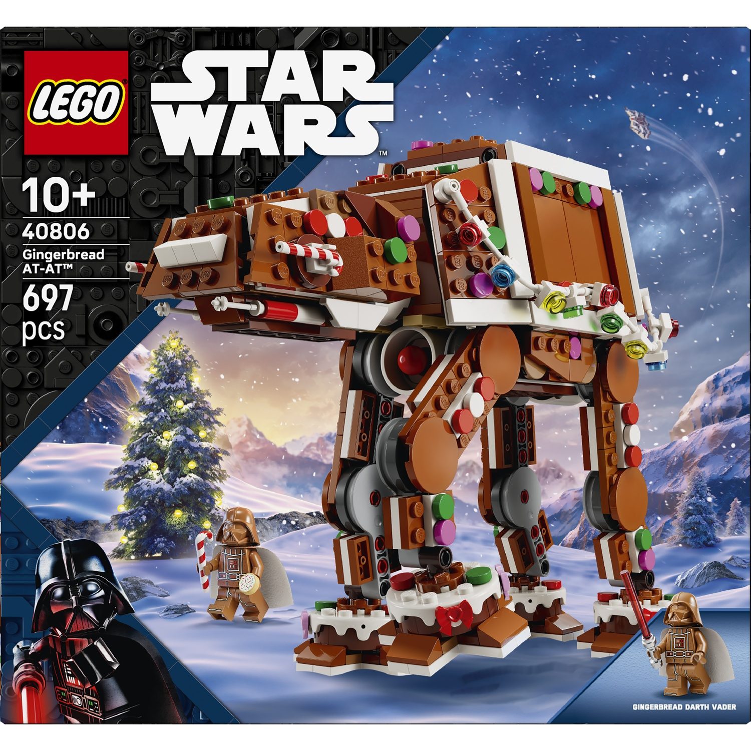 LEGO Star Wars Peperkoek AT-AT setdoos met besneeuwd winterlandschap en Peperkoek Darth Vader minifiguur.