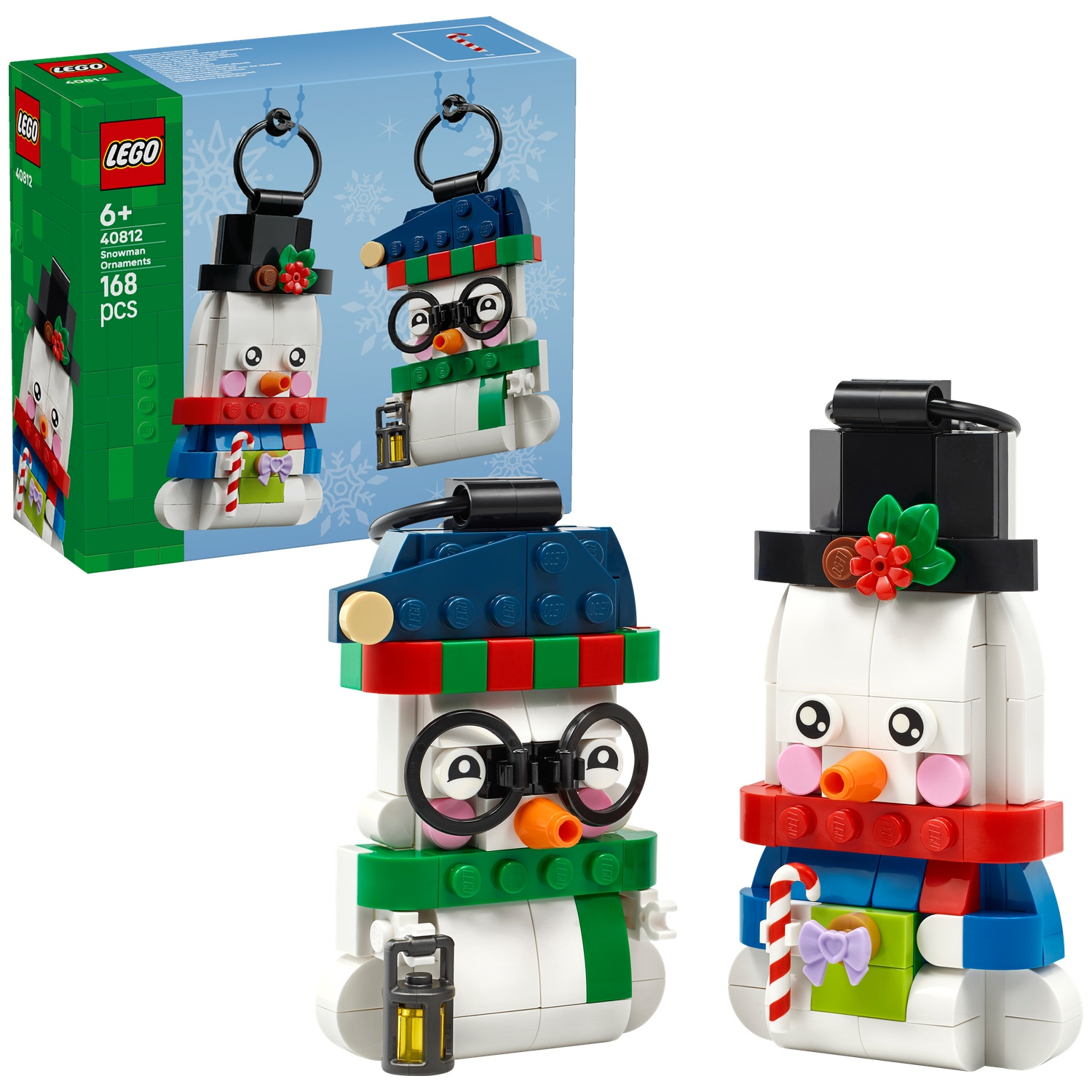 Lego sneeuwpop ornamenten set met twee bouwbare sneeuwpopfiguren met accessoires en doos.