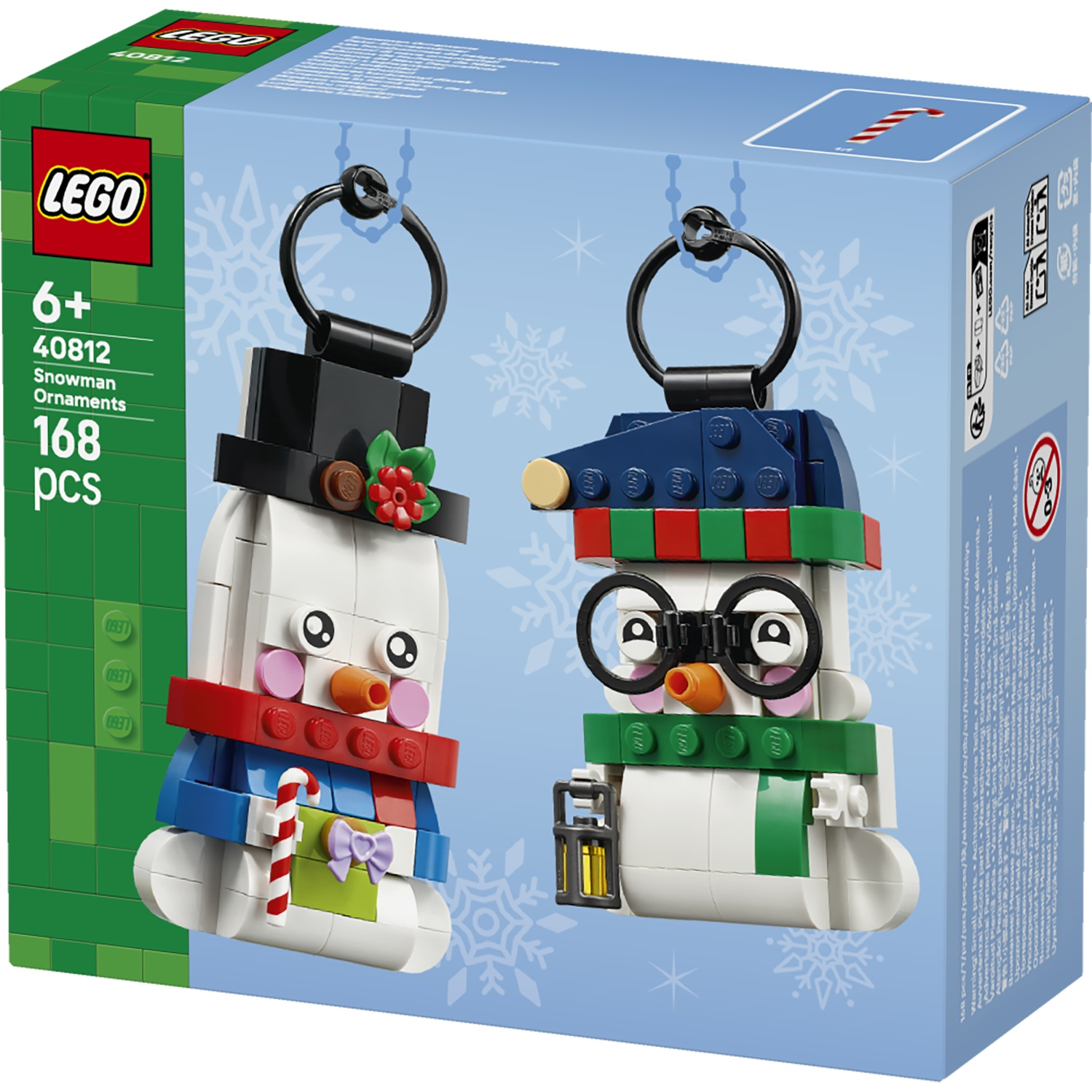 Lego Sneeuwpop ornamenten set 40812 doos met twee bouwbare sneeuwpopfiguren met ophangring.