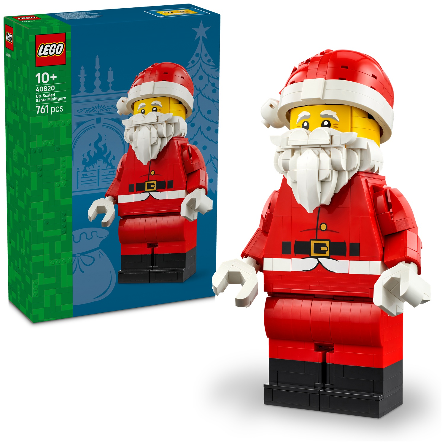 Een gebouwde Lego Kerstman-figuur staat naast de blauwe en groene verpakking.