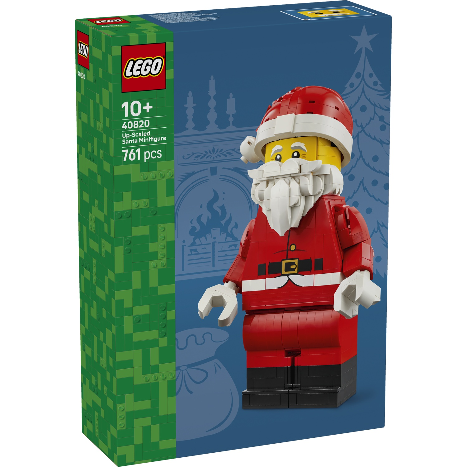 LEGO doos met een vergrote kerstman-minifiguur (761 stuks) tegen een blauwe achtergrond met kerstboom.