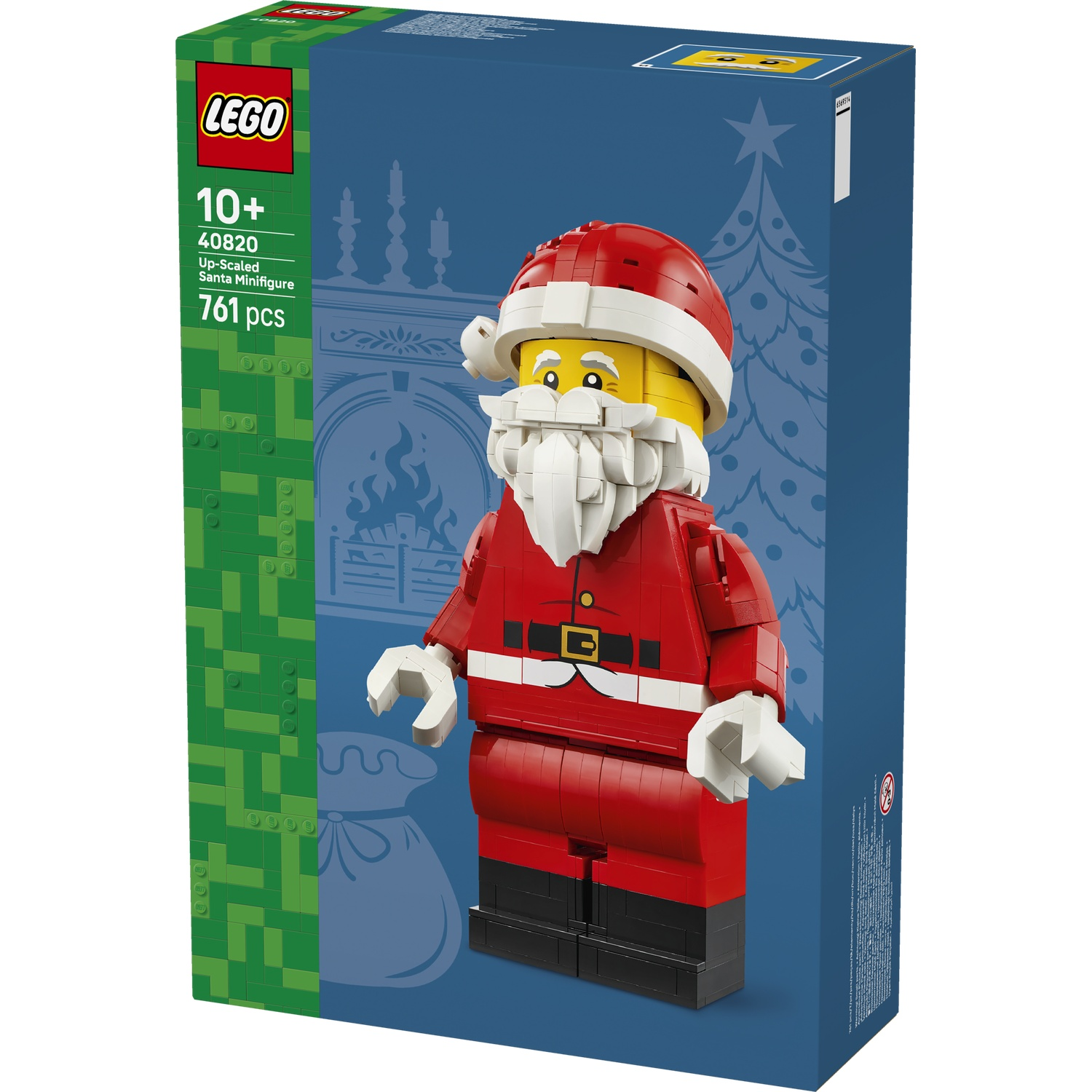 LEGO doos met een vergrote kerstman-minifiguur tegen een blauw-groene achtergrond met open haard.