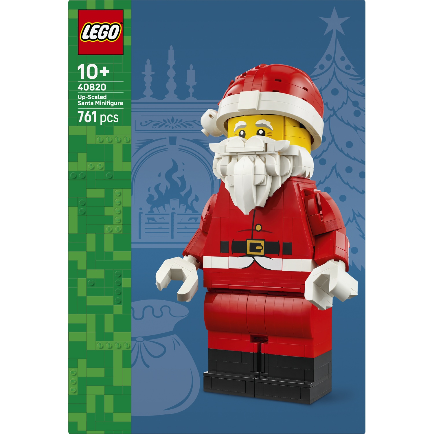 Een vergrote LEGO Kerstman minifiguur met een rood pak, witte baard en zwarte riem tegen een blauwe achtergrond.