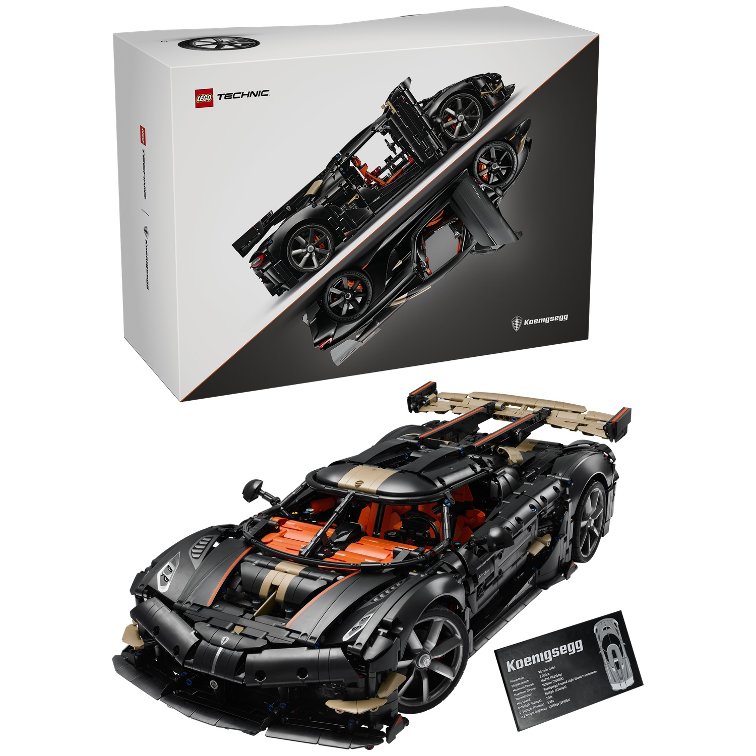 LEGO Technic Koenigsegg model car in black with beige accents, shown with its packaging and a display plaque.