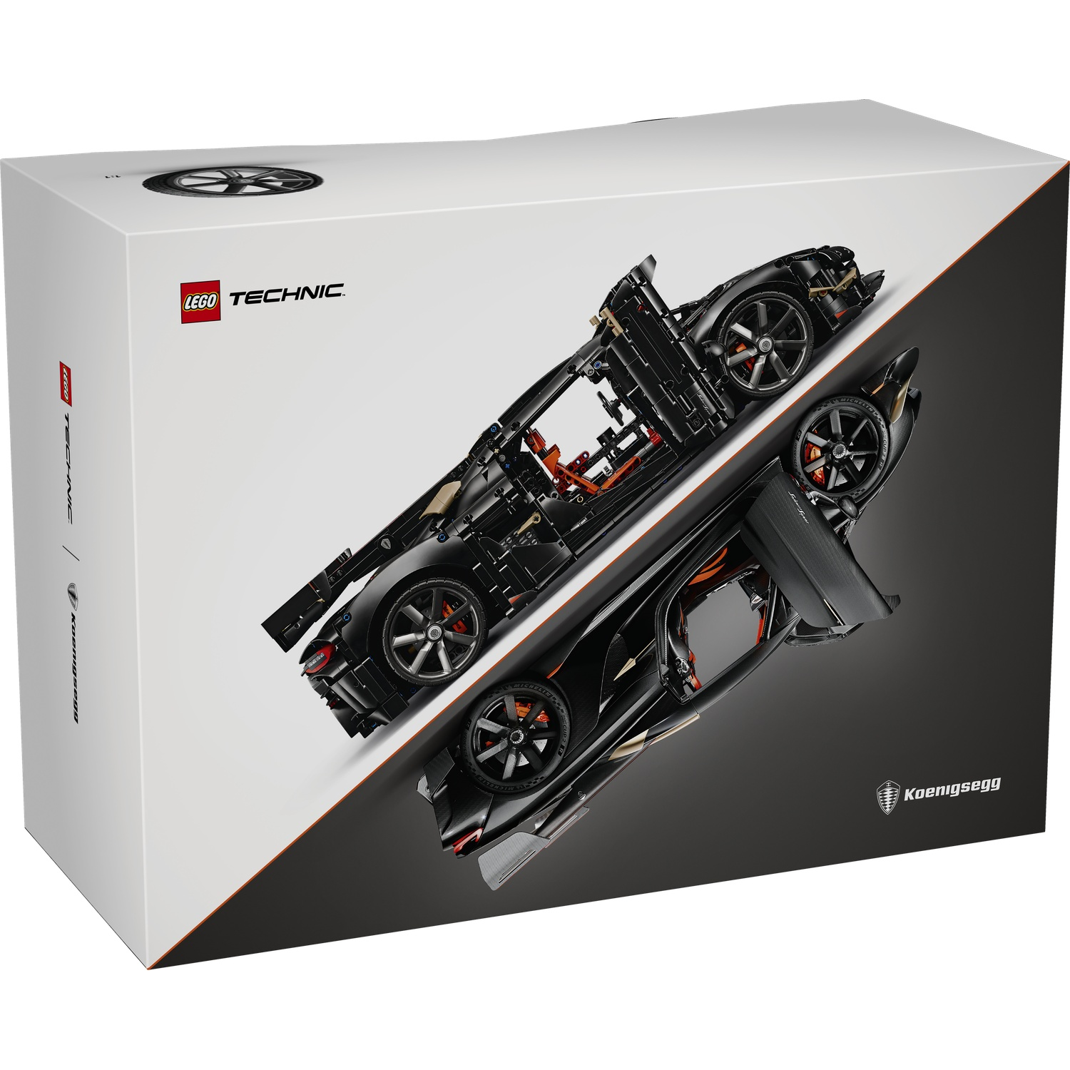 Packaging for a LEGO Technic Koenigsegg hypercar, featuring a black model car.