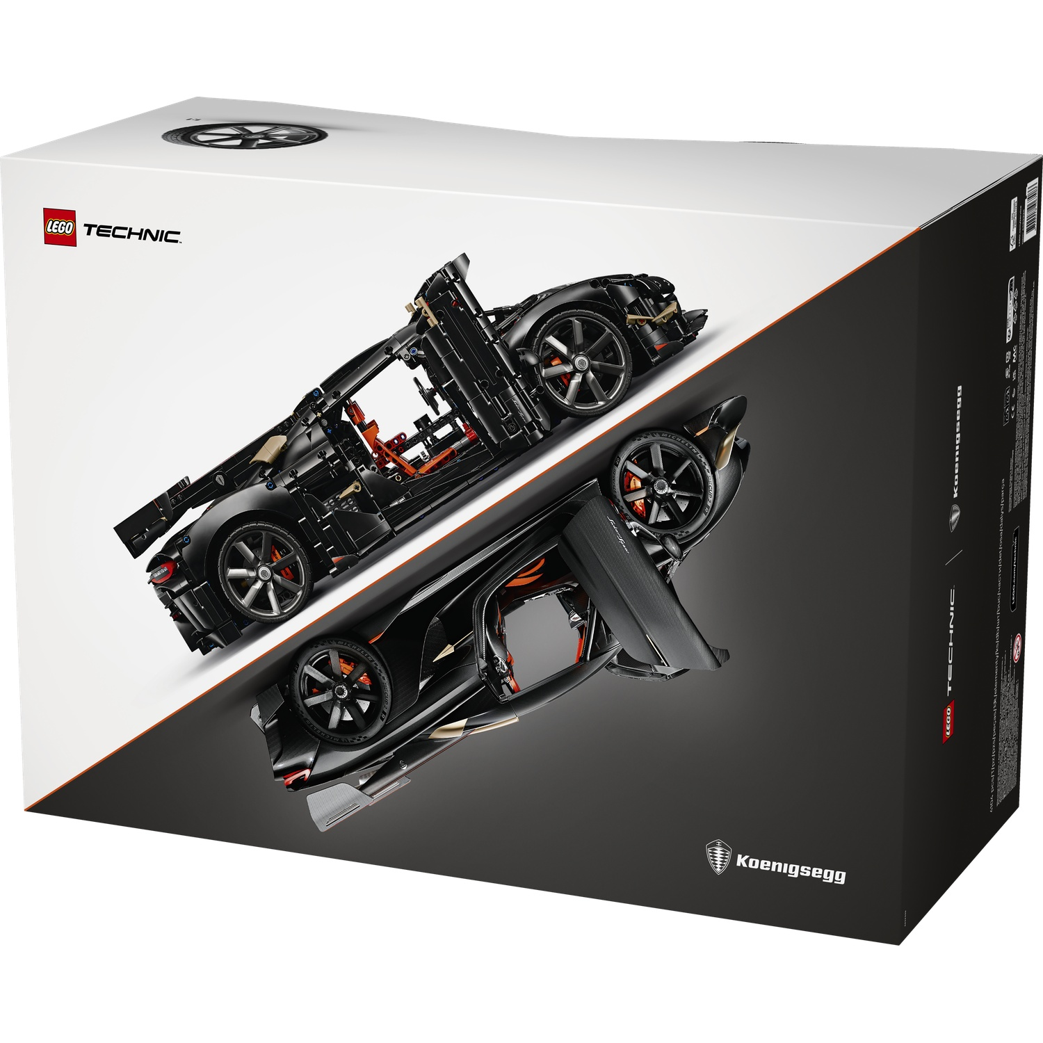 Lego Technic Koenigsegg box shows a black supercar model with open doors on a diagonal white and black background.