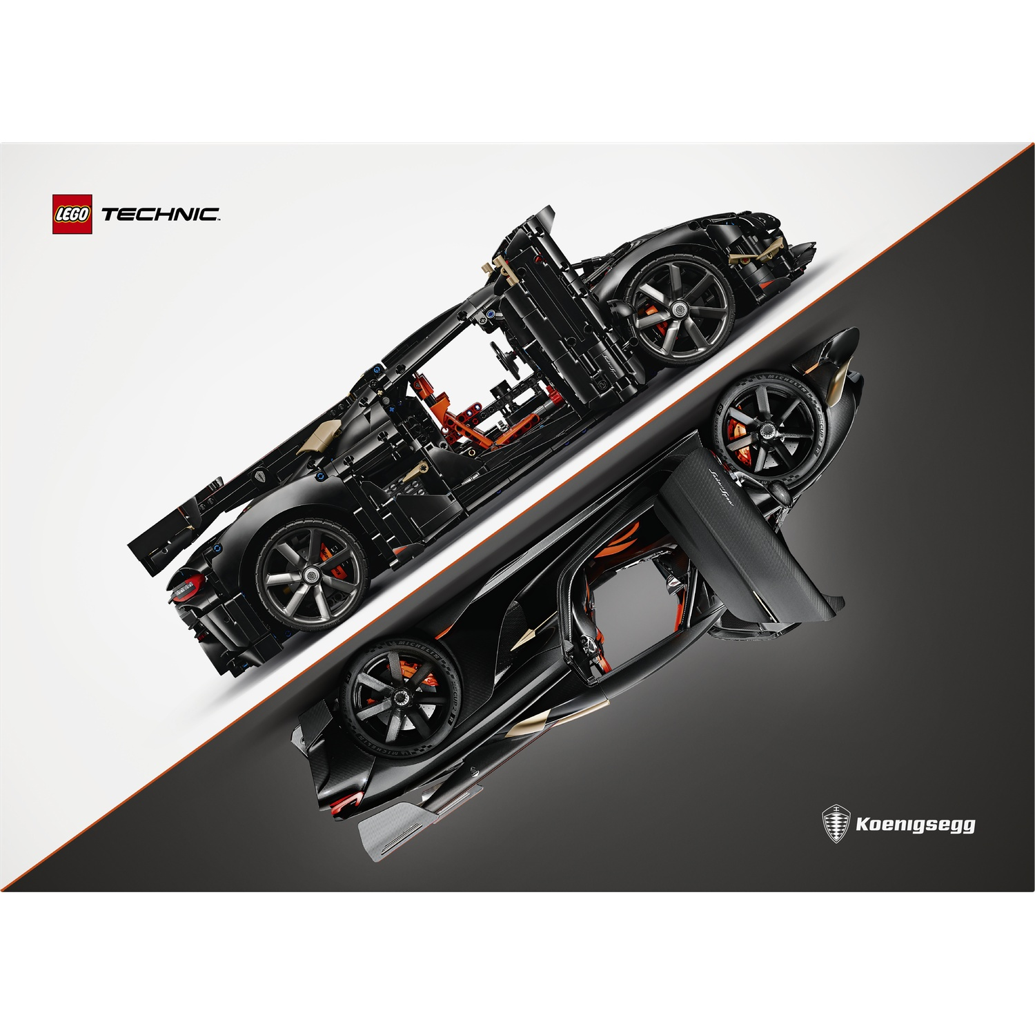 A black Lego Technic Koenigsegg sports car viewed from the side on a split white and black background.