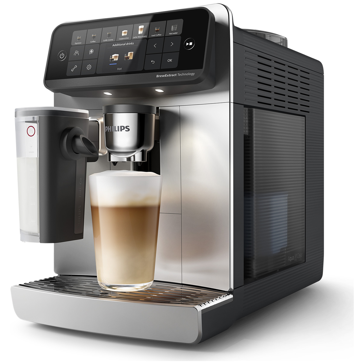 Modern silver and black Philips fully automatic coffee machine with a glass of latte macchiato.