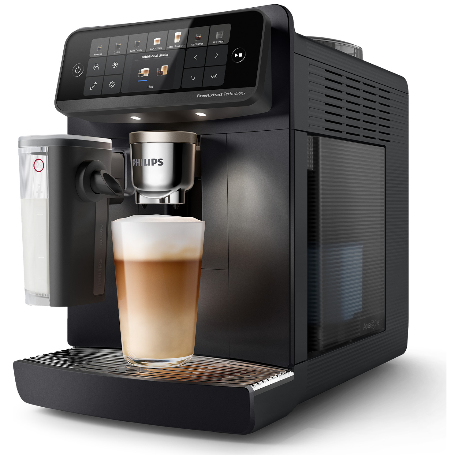 Black Philips fully automatic coffee machine with touchscreen, milk container, and a glass of latte macchiato.