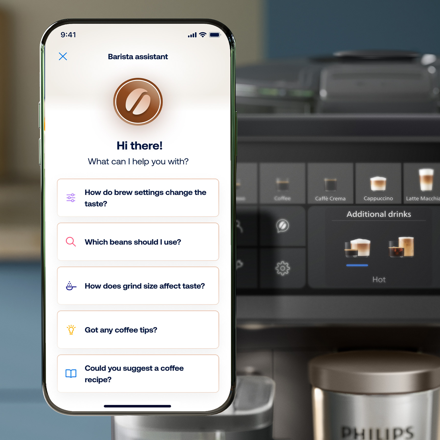 Smartphone displaying a barista assistant app with coffee questions in front of a coffee machine.