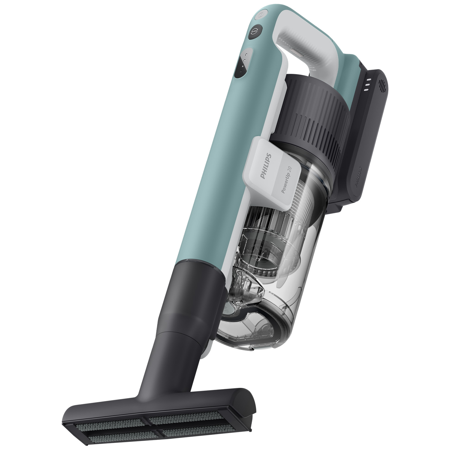 A modern turquoise and black cordless vacuum cleaner on a white background.