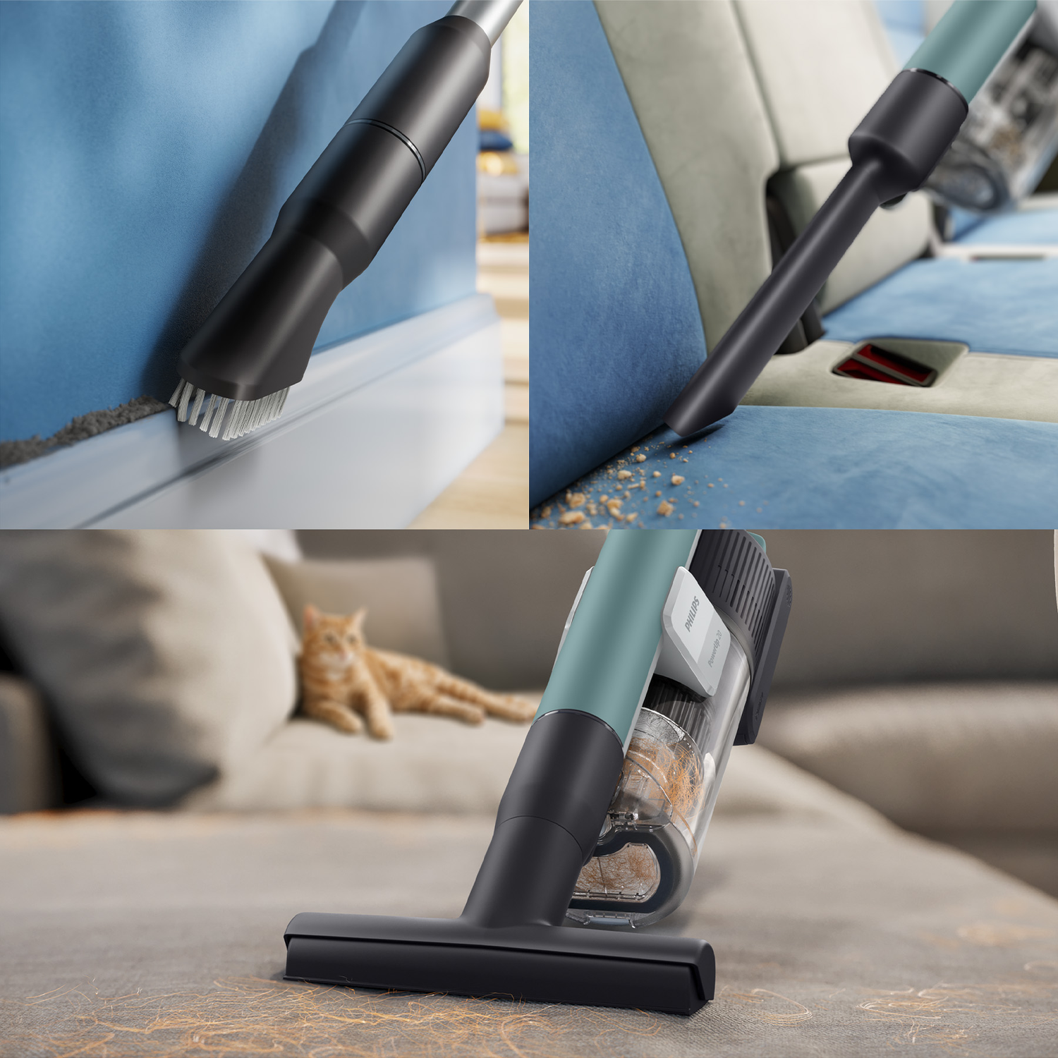 A vacuum cleaner with various attachments cleans edges, car seats, and pet hair from a couch.