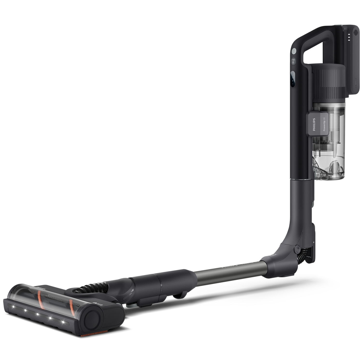 A modern black cordless vacuum with a flexible tube and illuminated brush on a white background.