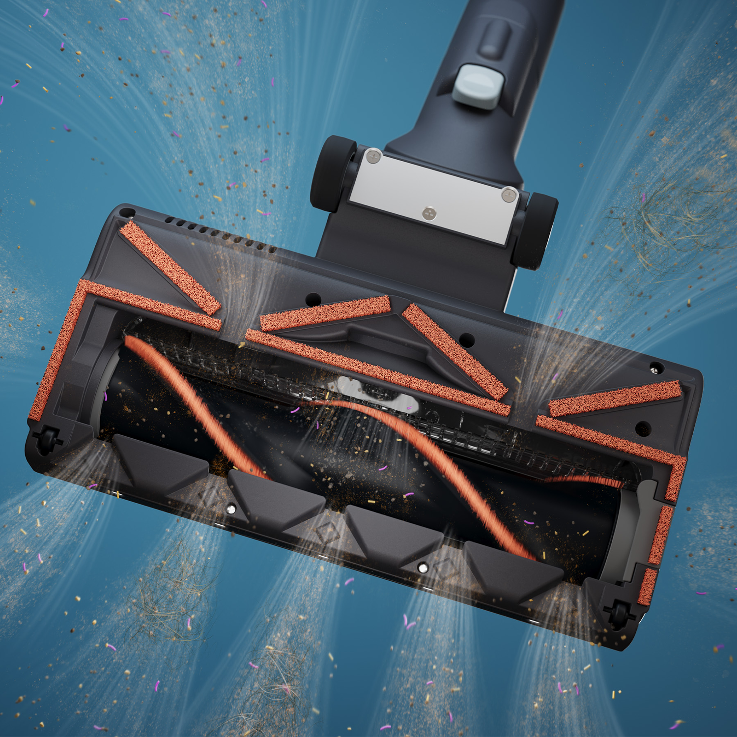 The bottom of a dark vacuum cleaner head with orange bristles suctioning dust and debris against a blue background.