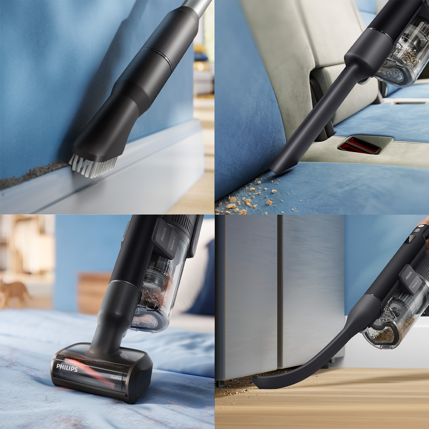 Four panels show a cordless vacuum cleaner cleaning baseboards, car seats, bedding, and wooden floors.
