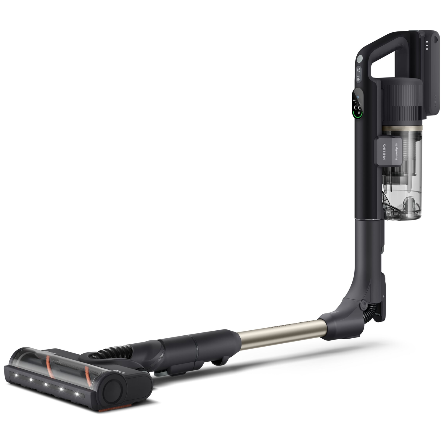 A black cordless vacuum cleaner with a flexible tube and illuminated brush head on a white background.