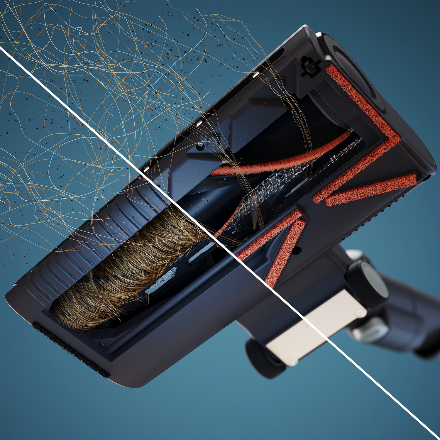 A vacuum cleaner brush head removing hair and dust, split into before and after sides against a blue background.