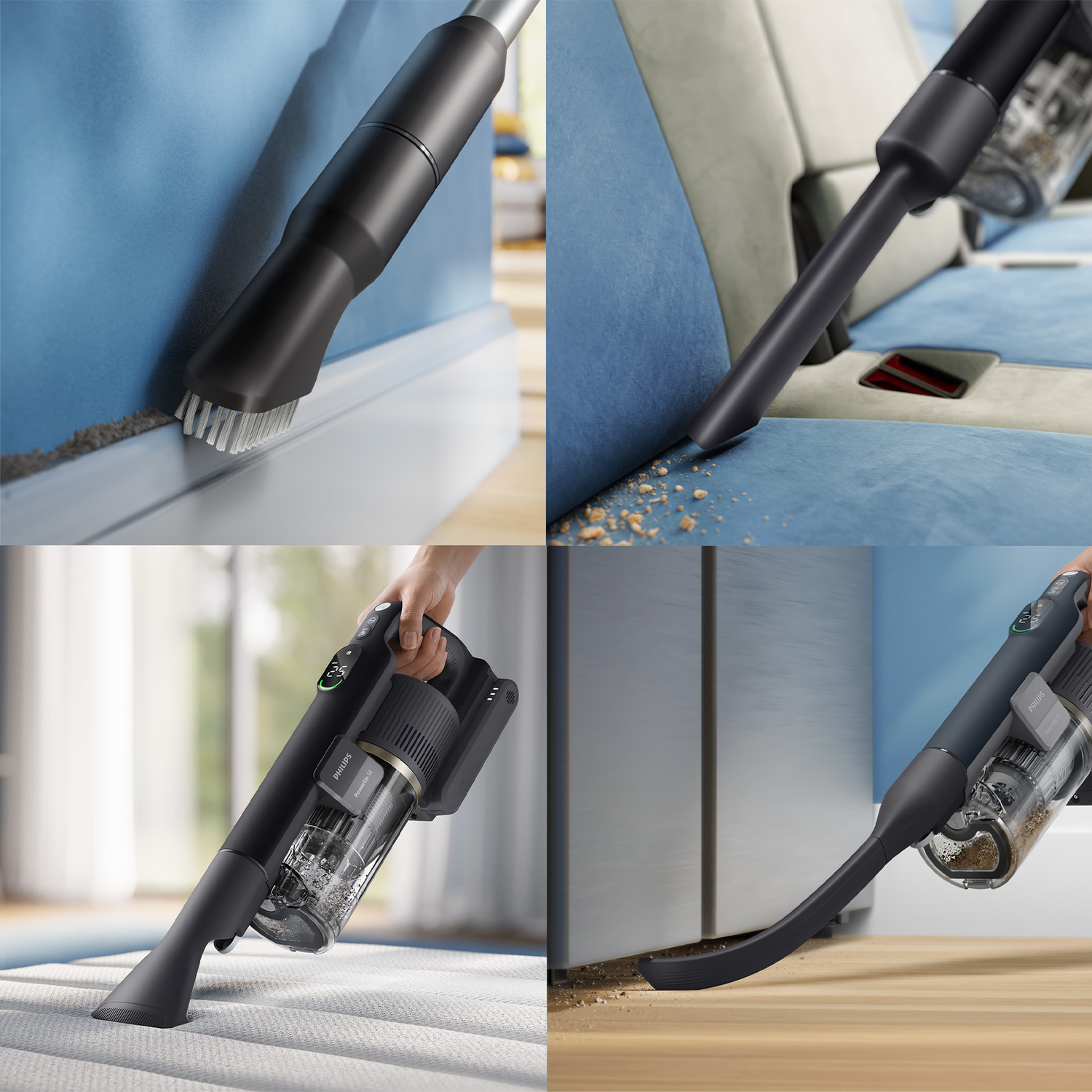 Four images of a black Philips cordless vacuum cleaner cleaning crevices, upholstery, and floors.