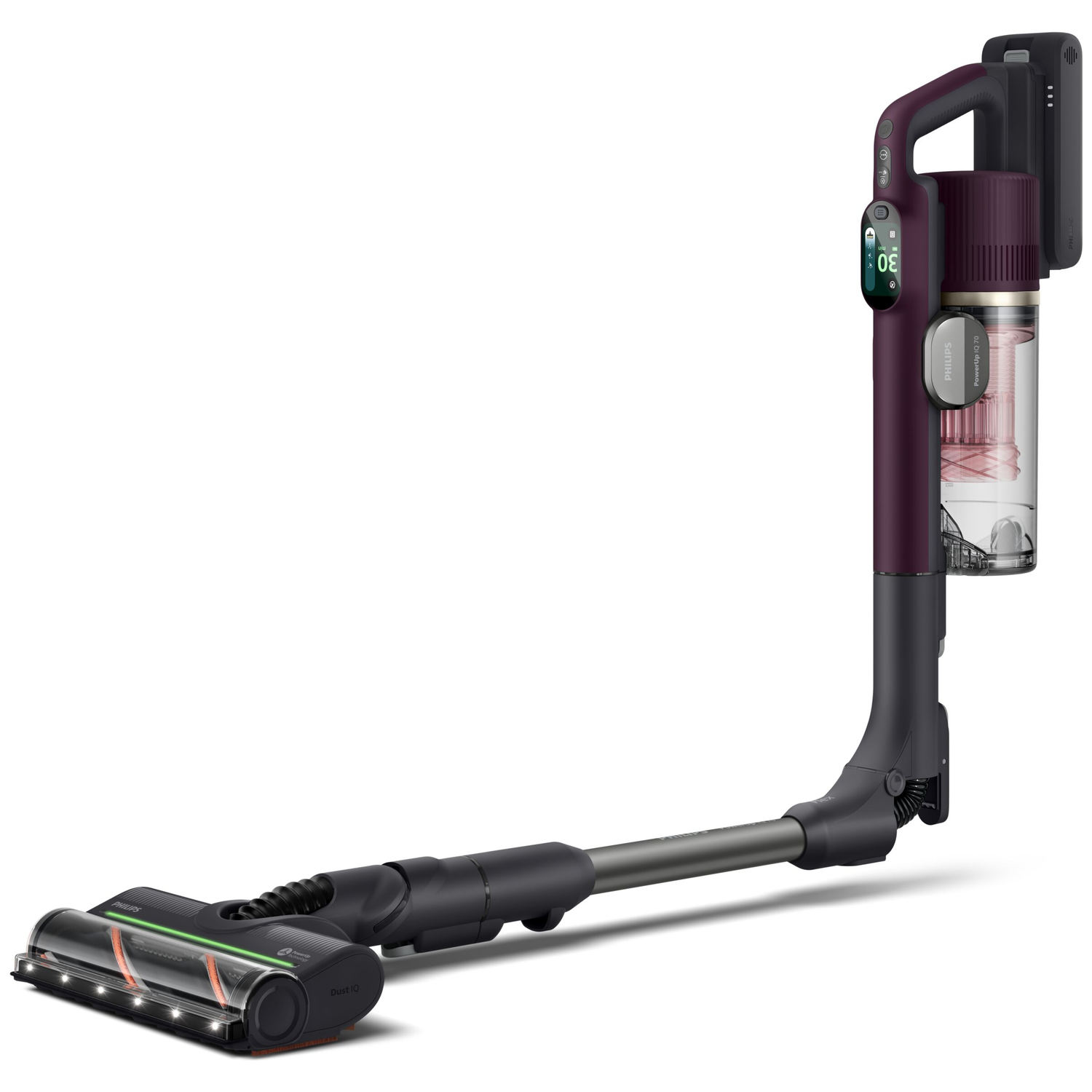 Cordless vacuum in purple and gray with flexible wand, digital display, and illuminated floor nozzle.