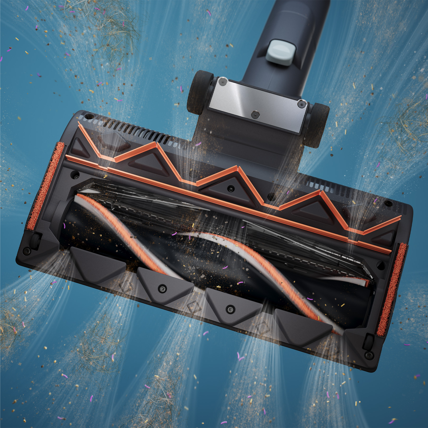 Vacuum cleaner brush with rotating rollers sucking up dust and debris against a blue background.
