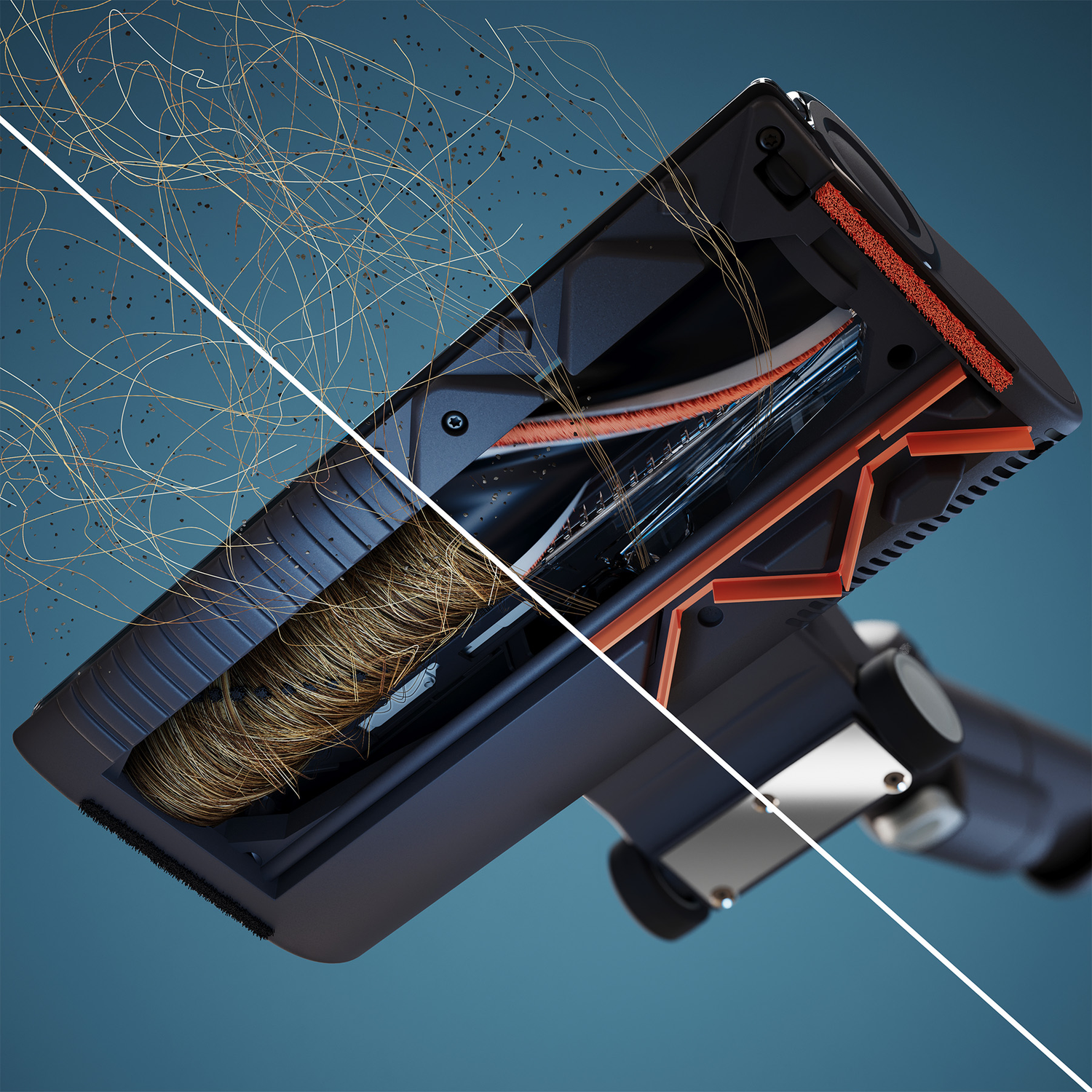 Vacuum cleaner brush with hair and dirt on one side, clean on the other.