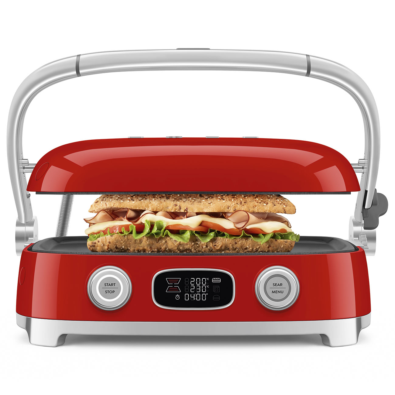 Roter Tischgrill mit einem großen Sandwich aus Brot, Fleisch, Käse, Tomaten und Salat auf der Grillplatte.