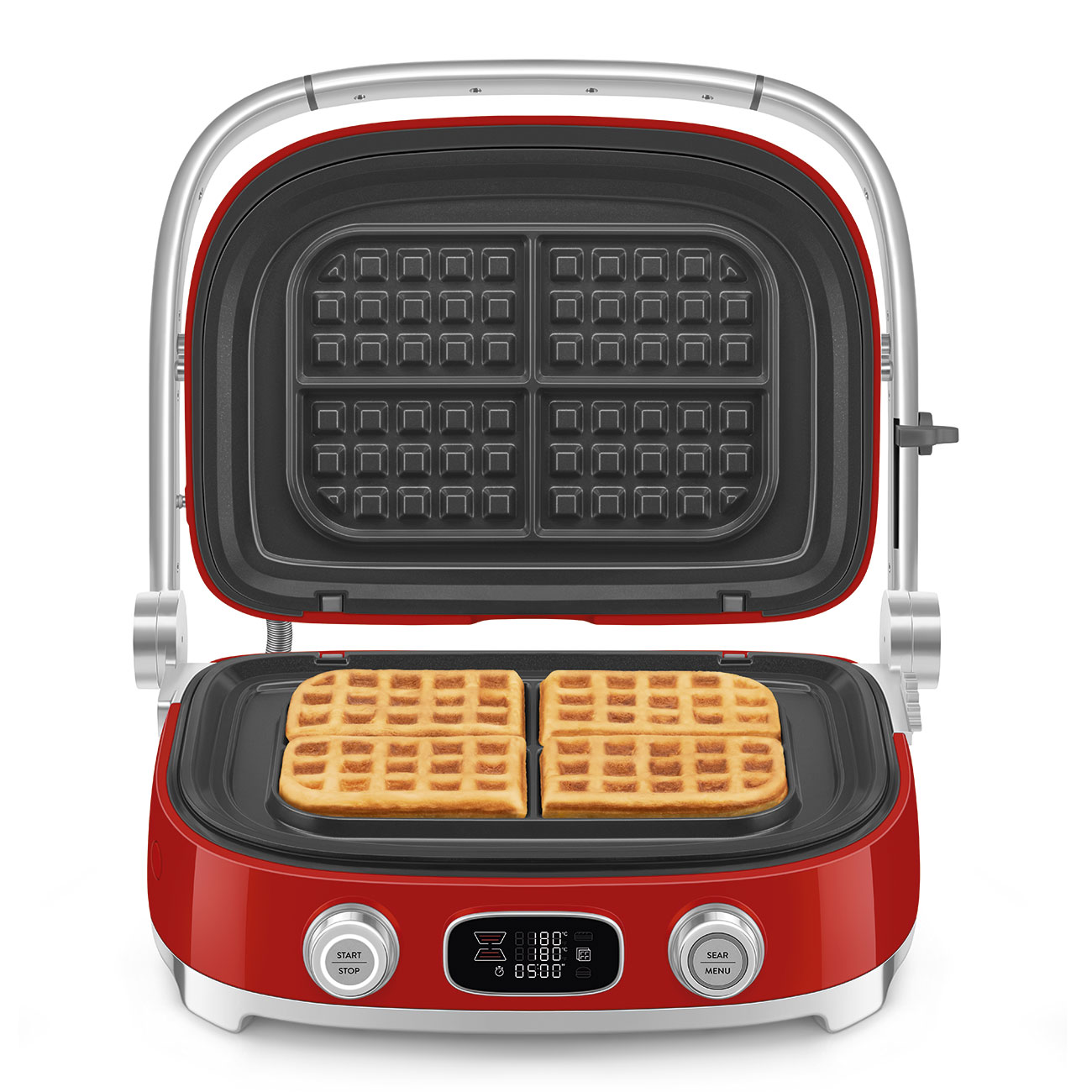 Roter Waffelautomat mit geöffnetem Deckel, der zwei goldbraune Waffeln auf der Backfläche und ein Digitaldisplay zeigt.