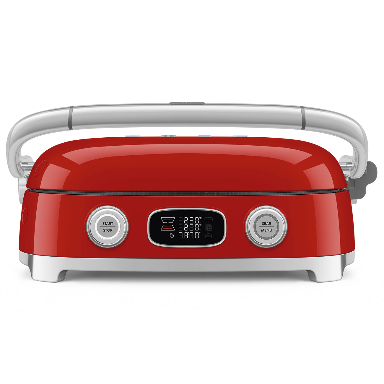 Ein roter Kontaktgrill mit silbernem Griff, digitalem Display und zwei runden Tasten auf weißem Hintergrund.