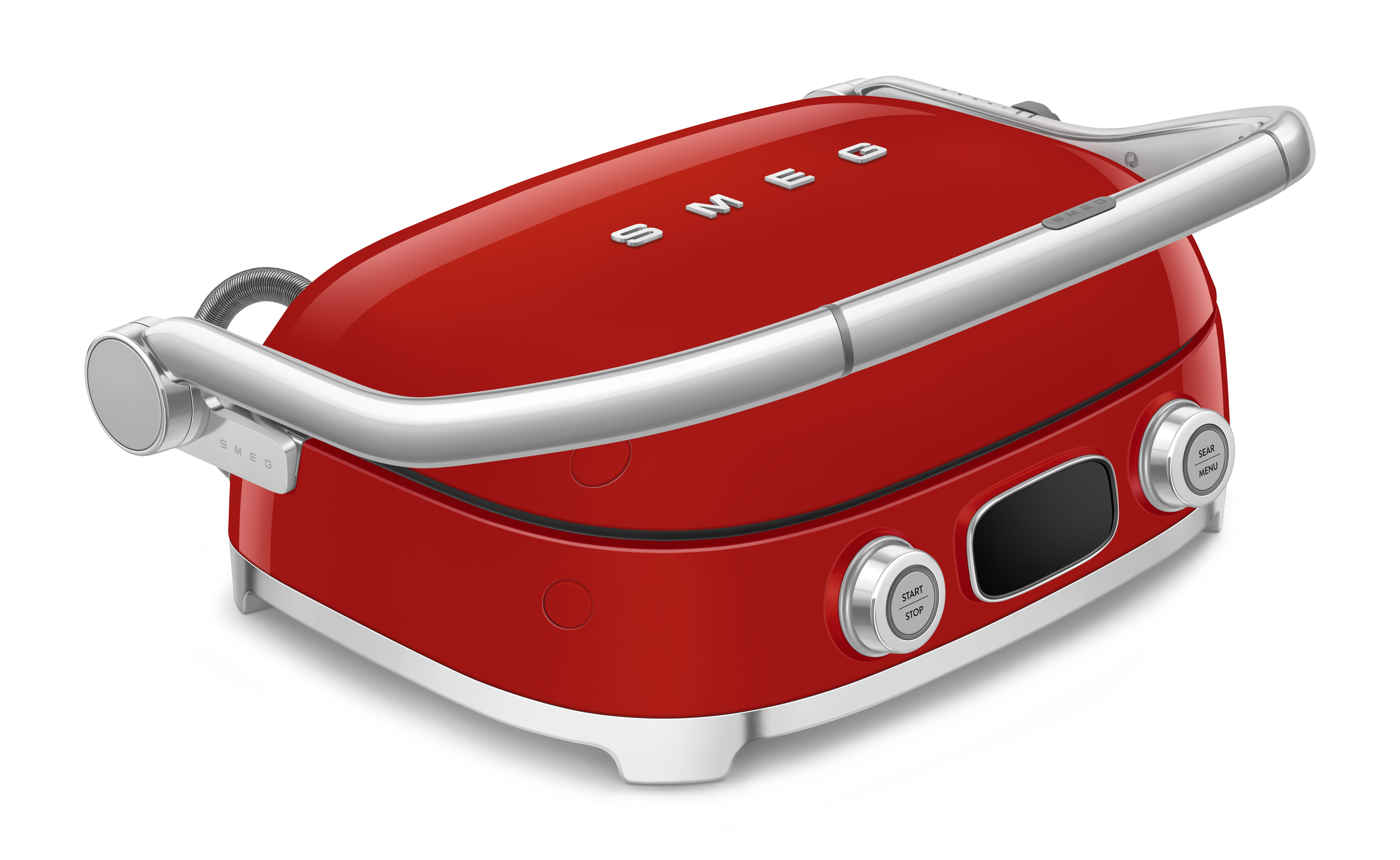 Glänzender roter Smeg Multicooker mit silbernem Griff, Reglern und Display vor weißem Hintergrund.