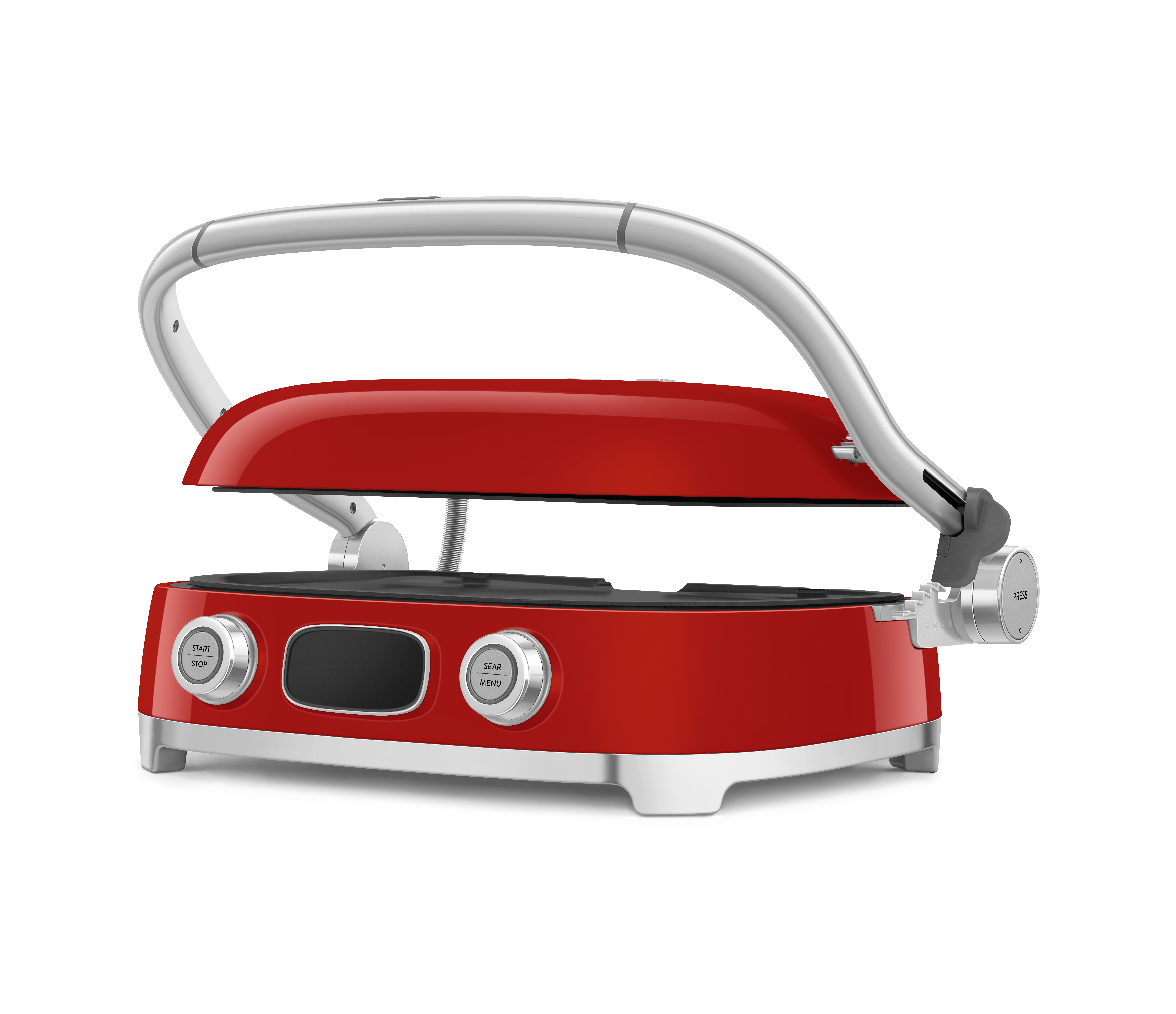 Ein roter elektrischer Grill mit silbernen Bedienelementen und einem Griff auf weißem Hintergrund.